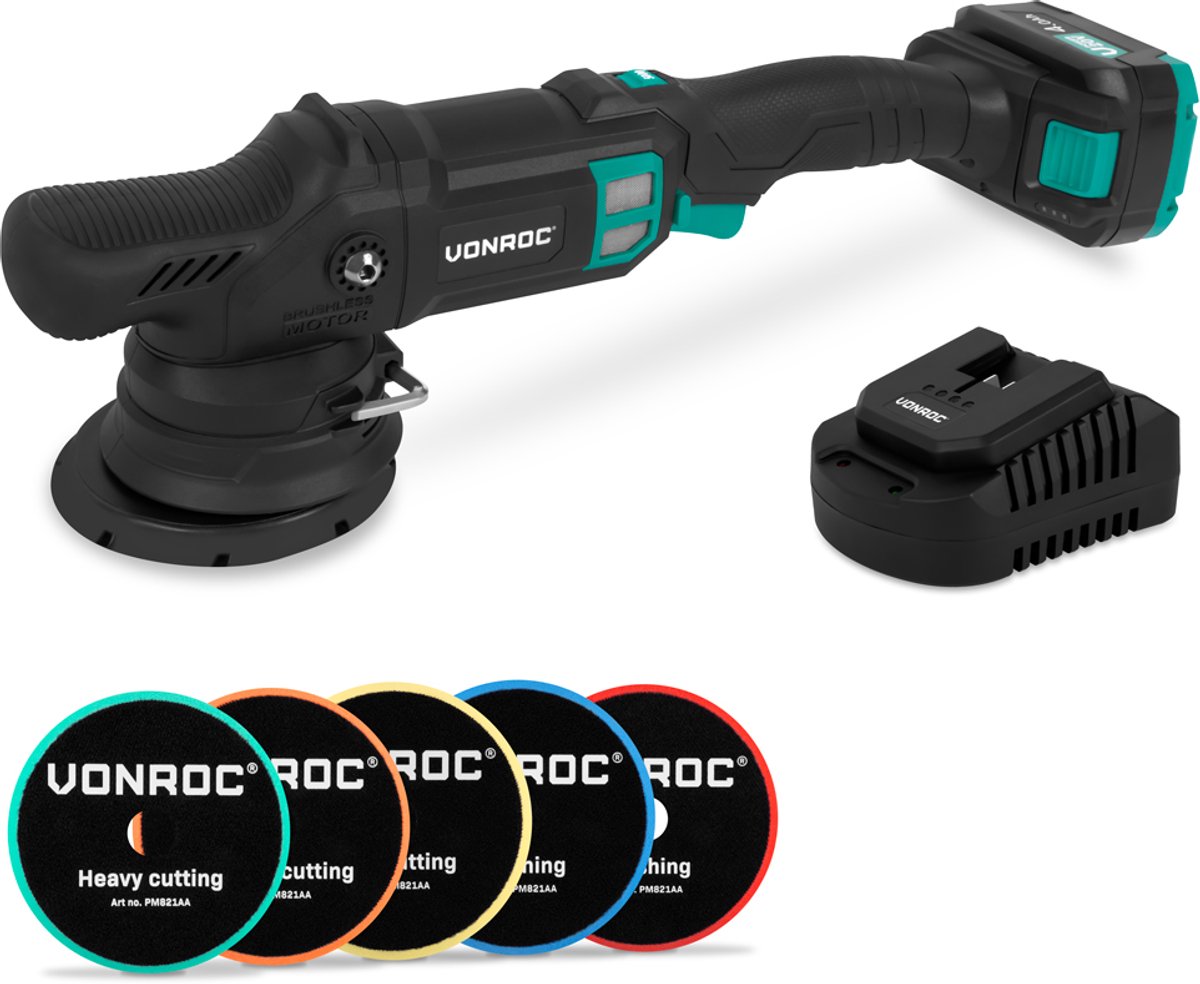 VONROC PRO Excentrische Polijstmachine 20V - Ø 125mm - Brushless motor – 7 snelheden (2000-5000/min) - Soft Start– Complete set incl. 4.0Ah Accu, Snellader en 5 Polijstschijven