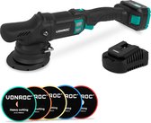 Zwarte VONROC excentrische polijstmachine met groene details, 20V accu en oplader. Vier polijstschijven met verschillende kleuren en functies liggen aan de voorkant.
