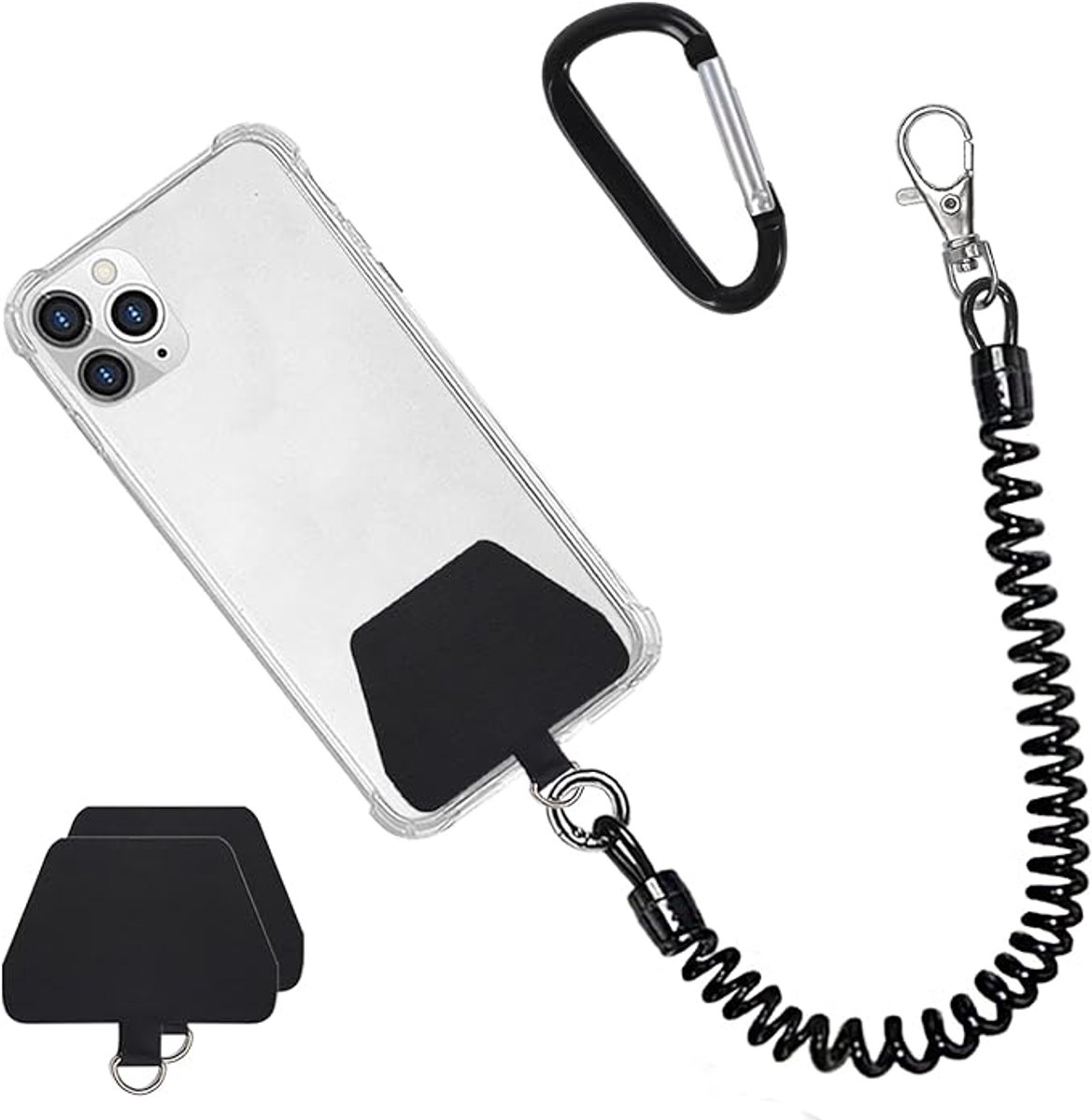 Twee-pack telefoonkoorden met patches, universele elastische bandjes en telefoonhoesjesclips, anti-val, geschikt voor buiten skiën, wandelen, fietsen, rotsklimmen, geschikt voor iPhone, Samsung, Pixel en de meeste smartphones.