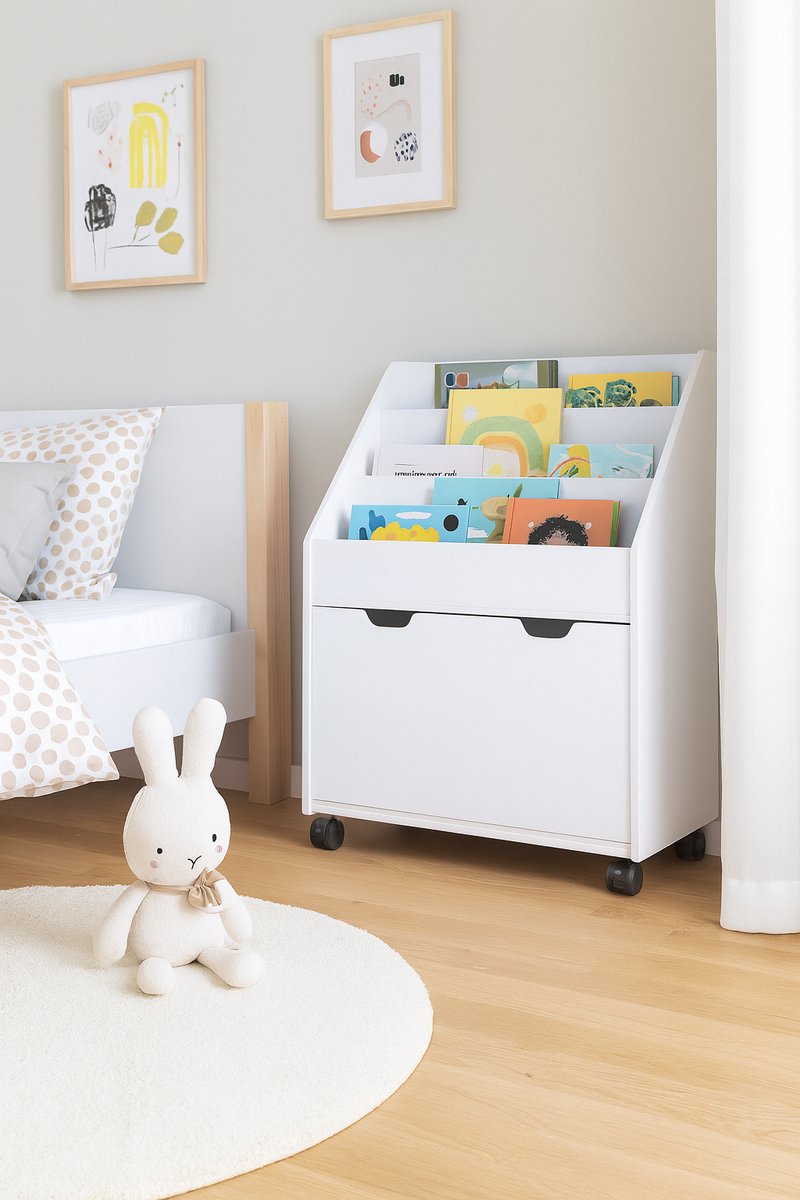 Fameilleur Kinderboekenkast op Wielen – Wit- Boekenkast Kind – 63 x 30 x 70 cm –Met 3 Planken & Opberglade – Speelgoedkast – Kinderkamer Opbergmeubel – Boekenrek – Speelgoed Organizer – Boekenkastje – Opbergrek Kinderen - Mobiele Boekenkast – peuters