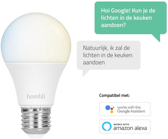 Homblì lamp met Google Assistant en Amazon Alexa compatibiliteit. "Hoi Google! Kun je de lichten in de keuken aandoen?" "Natuurlijk, ik zal de lichten in de keuken aandoen."