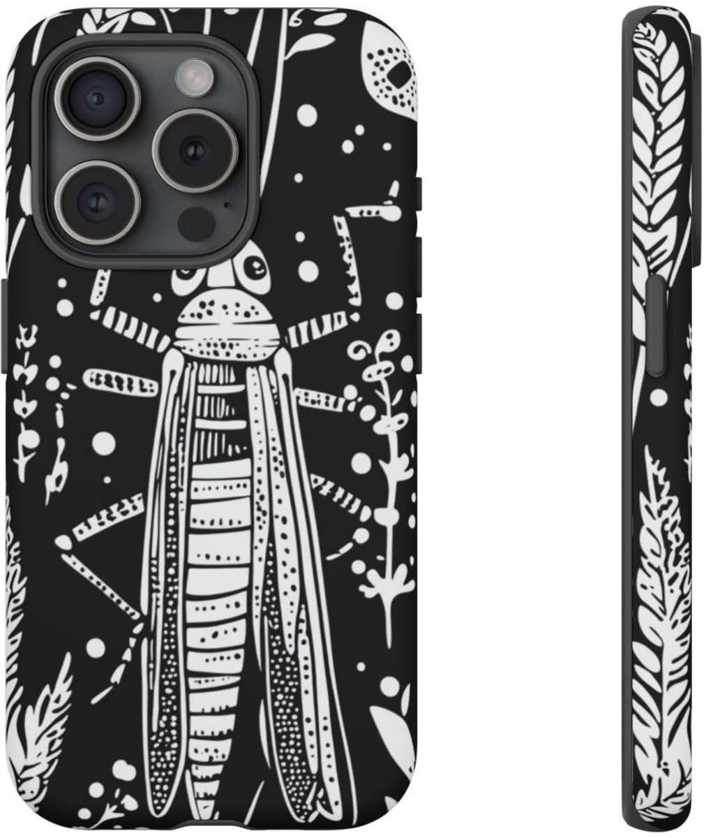 Zwart-Wit Sprinkhaan en Roggepatroon – Telefoonhoesje Geschikt voor iPhone 15 Pro