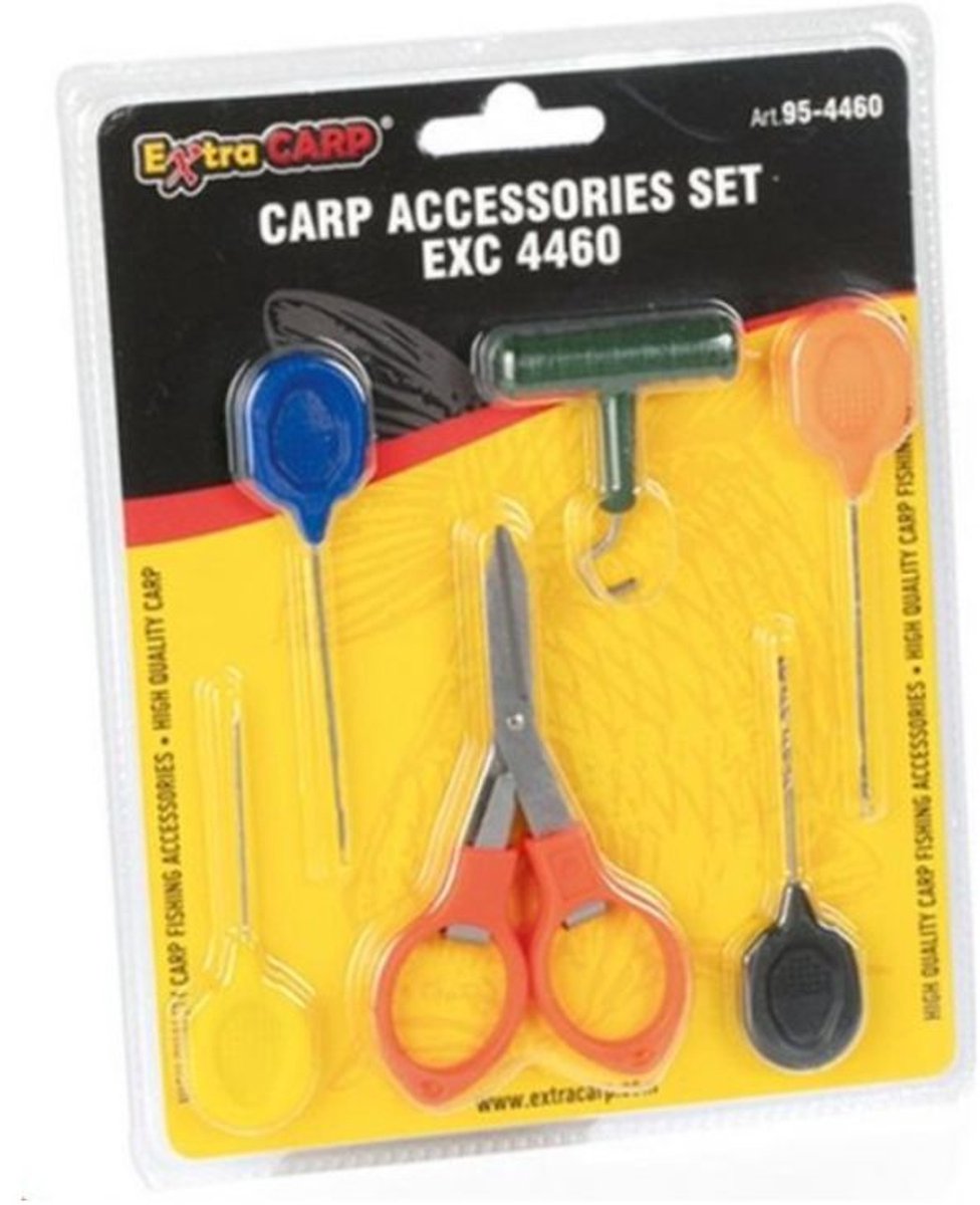 EXC Carp Accessoires Set - 6-delig - met Boilienaalden, Vouwschaar, Boilieboor & Knot Puller - Karper vissen Rigmateriaal - Baiting Needle - Boilienaald