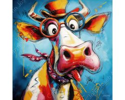 JJ-Art (Canvas) 100x100 | Grappige koe / stier met bril en hoed, humor, abstract, kleurrijk, kunst, vierkant, dier, rood, geel, blauw, wit, modern | Foto-Schilderij canvas print (wanddecoratie)