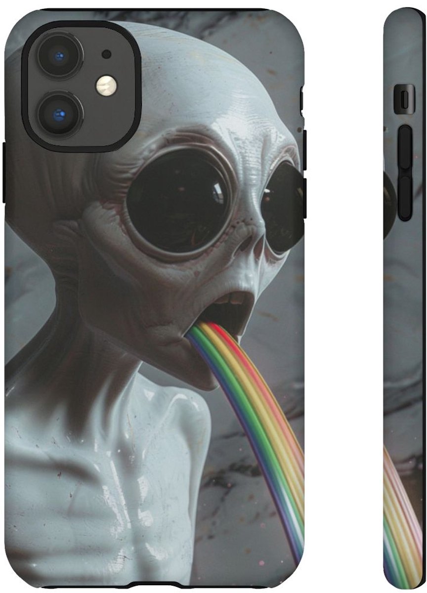 Grijze Alien met Regenboogstraal – Telefoonhoesje Geschikt voor iPhone 11