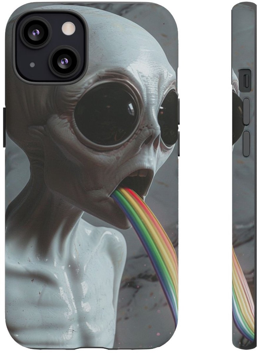 Grijze Alien met Regenboogstraal – Telefoonhoesje Geschikt voor iPhone 13