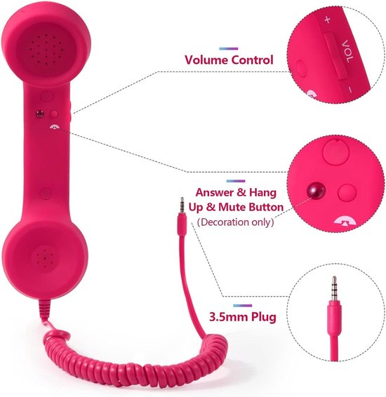 Retro 3,5 Mm Telefoonhoorn - Stralingsbestendige Mobiele Telefoonontvanger - Microfoon Microfoonluidspreker - Vintage Telefoonhoorn voor Mobiele Telefoon Smartphone met USB C - PINKS van Merkloos	 — afbeelding 3