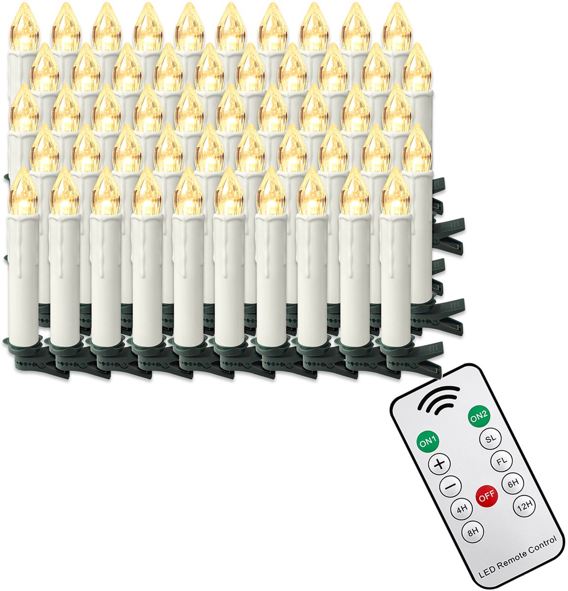 NAIZY 50x LED Kaarsen Kerstkaarsen draadloos warm wit Kerstkaars met timerfunctie afstandsbediening Kerstkaarsen LED kaars met clip, voor feestdecoratie bruiloft feest, zonder Batterij