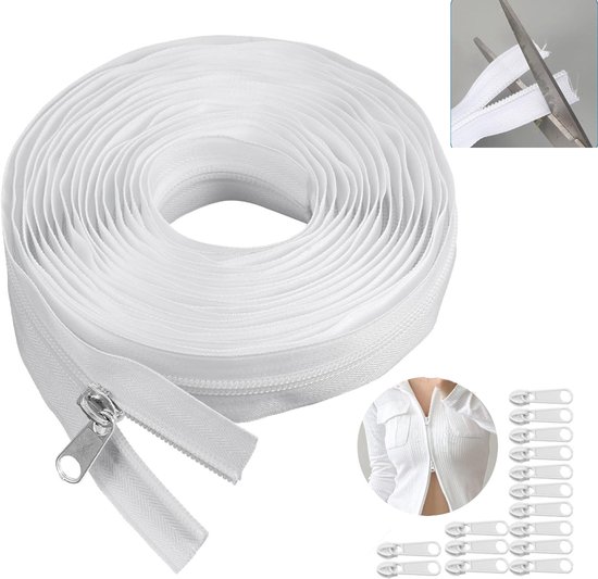 eindeloze ritsen - nylon witte ritsen - bevat 15 ritstrekkers voor tassen, kleding, beddengoed 5m (wit)