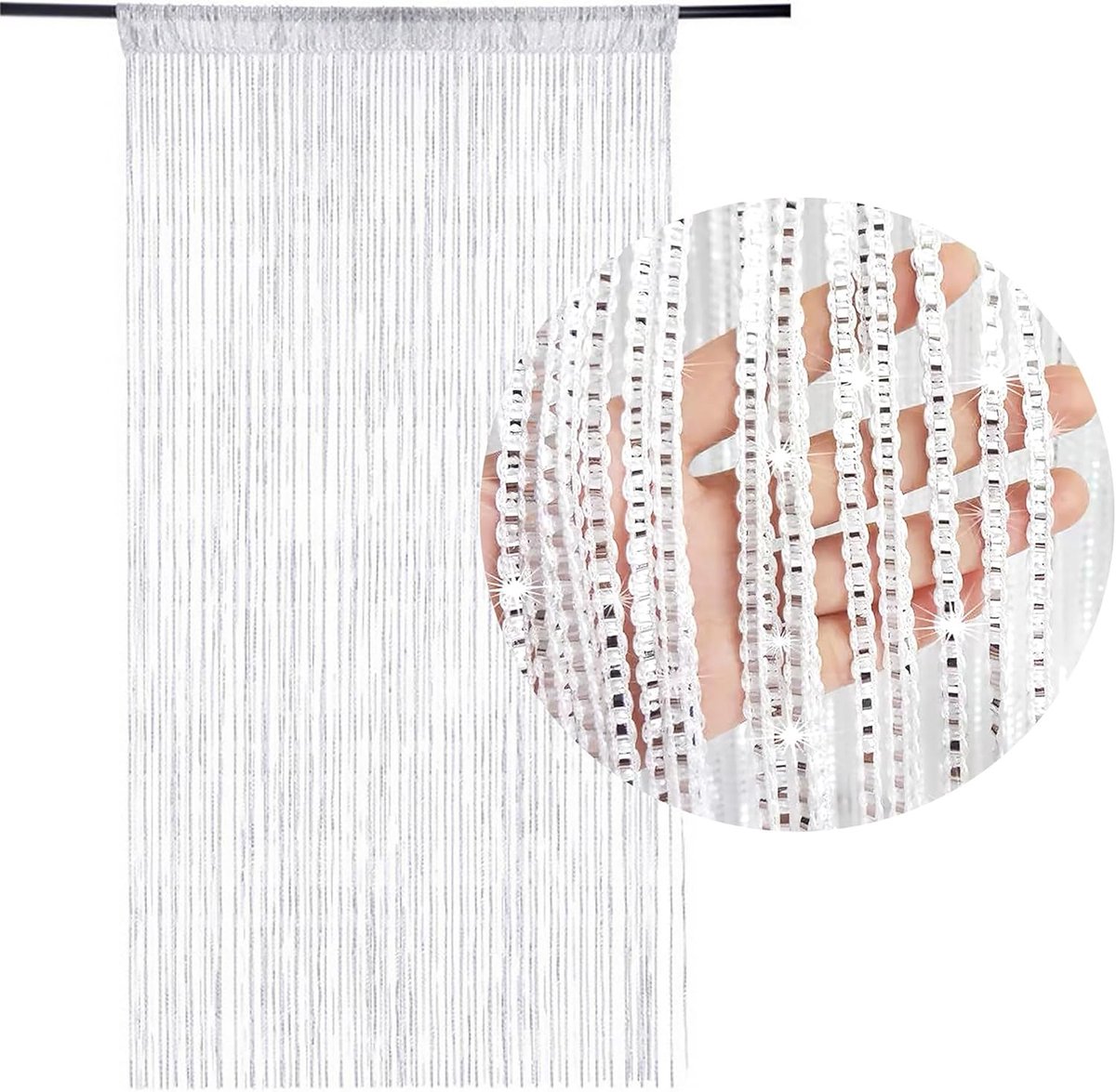 Kristallen kralengordijn - Gordijn met kwastjes - Gordijndecoratie - Kledingkastgordijn - Eetkamergordijn, kamerschermgordijn - Klamboe/kamerschermgordijn - 90 x 200 cm - Gordijn met koorden - Wit