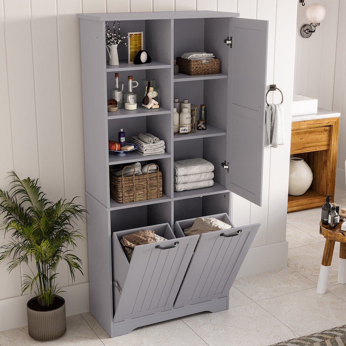 78 x 35 x 172 cm Badkamermeubel - vochtbestendige verf - dubbele wasmand - open vakken - één deur - drie vakken - verstelbare planken - grijs