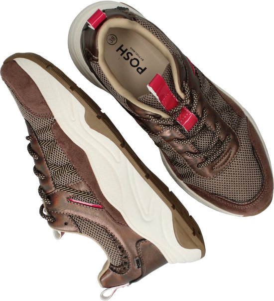 Gedetailleerd bruine POSH by Poelman sneakers met visgraatprint en witte zolen.