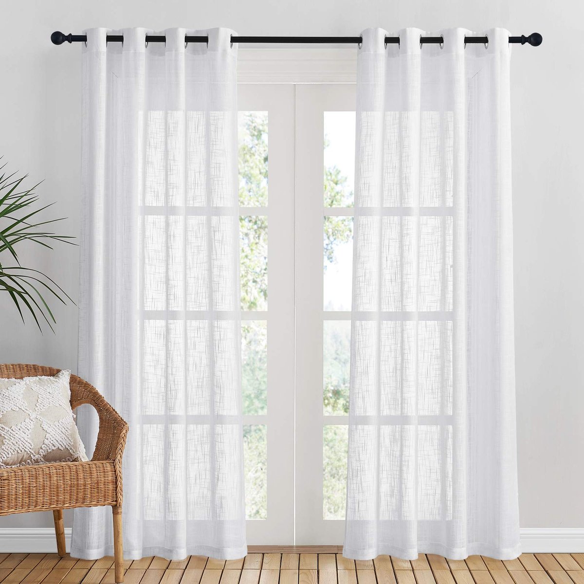 Ibenzoa Gordijnen Set van 2 in Linnenlook, Wit, Half-Transparant, 210 x 132 cm, Metalen Ogen
