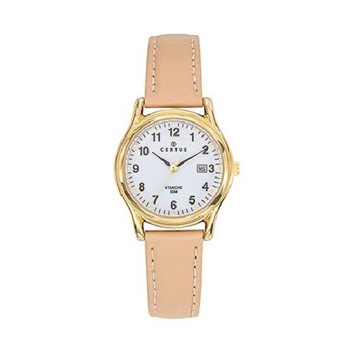 Certus-dameshorloge-model 646595-goudkleurig-datum-beige leder-duidelijke wijzerplaat-hoog draagcomfort-5 atm waterdicht-made in France