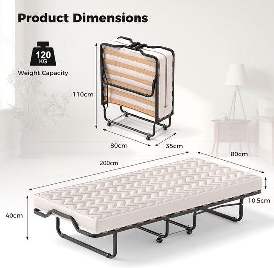 Costway Gastenbed Van 80 X 190 Cm, Met Matras Van Tr Inklapbaar Eenpersoonsbed Stabiel Metalen Bed Tot 130 Kg Belastbaar Klapbed Op Wielen Vouwbed Camping Logeerkamer Draagbaar Bed 1100806529