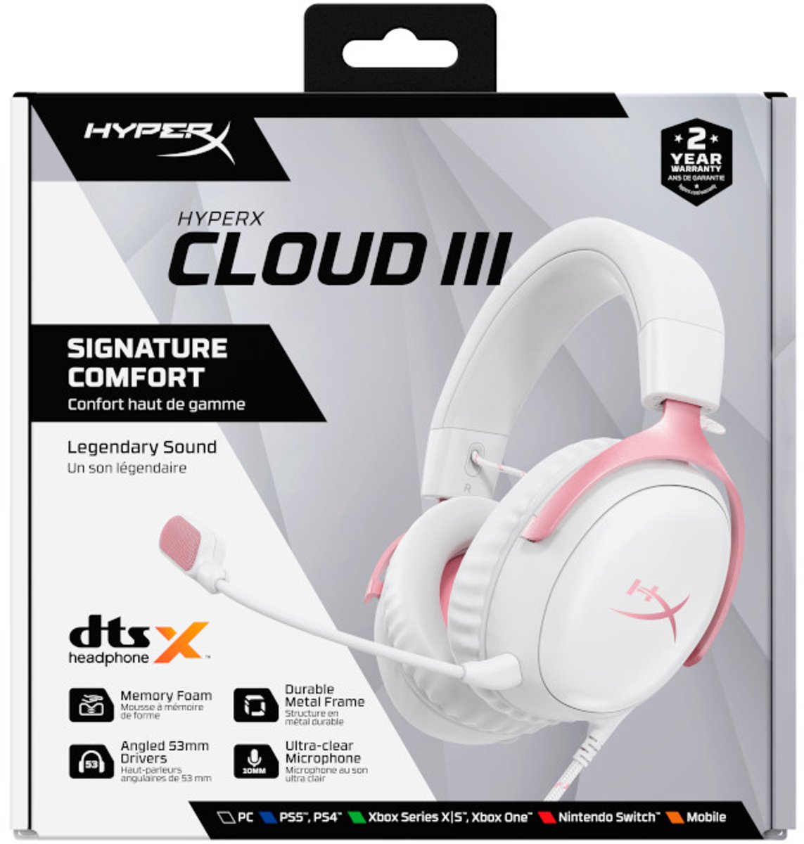 HyperX Cloud III Gaming Headset - PC, PS5, Xbox Series X|S - Nintendo, Steamdeck - (White/Pink) thumbnail 6
