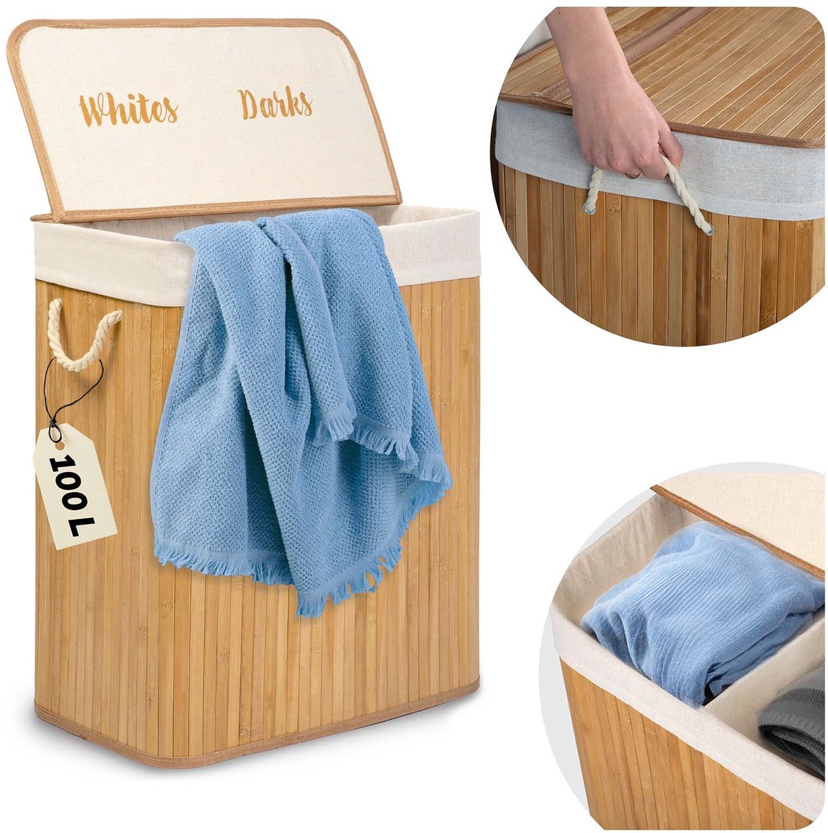 Bamboe wasmand met deksel 100 l Massido