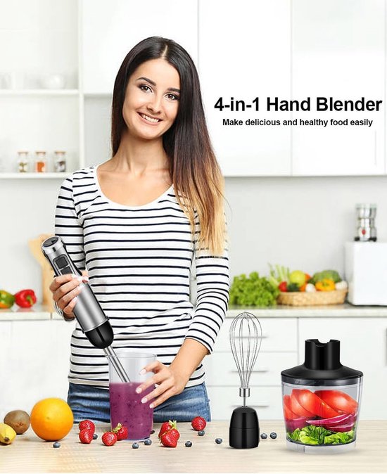 Staafmixer BHB1200 (1200 W, 6 snelheidsniveaus + turbo, inclusief 500 ml hakkom en 600 ml beker) met roestvrijstalen messen, BPA-vrij van Merkloos — afbeelding 4