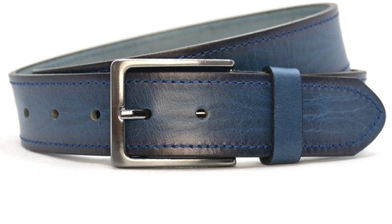 Timbelt Heren Riem doorgestikt - volnerf Leer Blauw - 4 cm Breed - Broekriem - Nette Riem - Pantalon Riem - jeans riem - Maat: 105 / Totale lengte riem 120 cm - Echt Leer