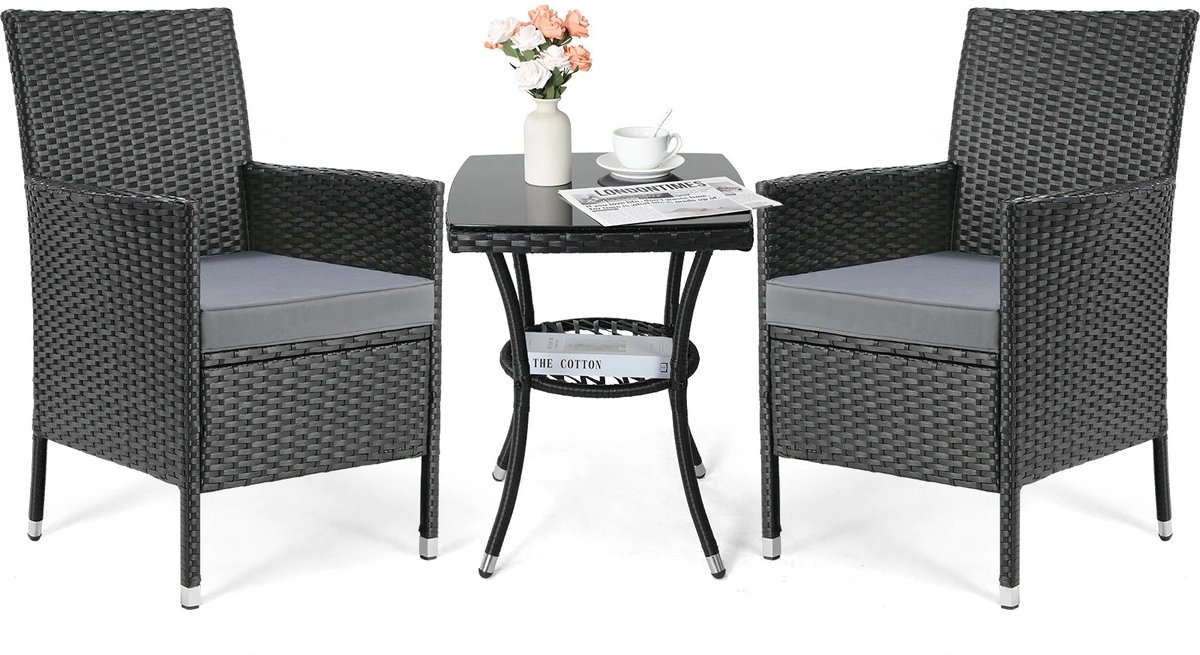 Wicker Loungeset – Loungeset Buiten – Tuinmeubel Set – Balkonset – 3-Delig – Hoogwaardig PE-Rattan – Comfortabele Kussens