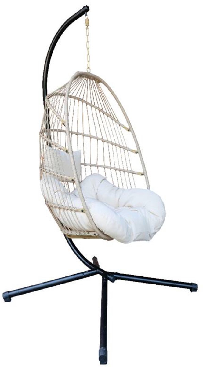 Buitenkado Hangstoel Egg Chair – Zwart – Beige Kussens – Opvouwbaar