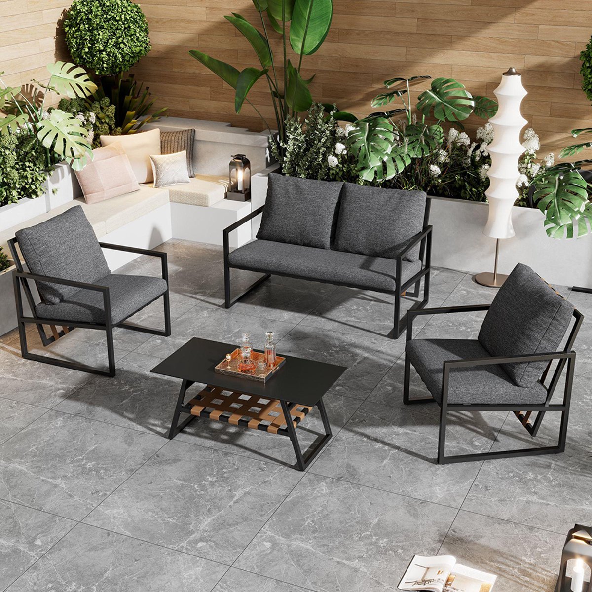 Pugsdrly Tuinset Tuinset voor 4 personen met bank, salontafel en kussens, afneembare en wasbare stoffen hoes, zwart