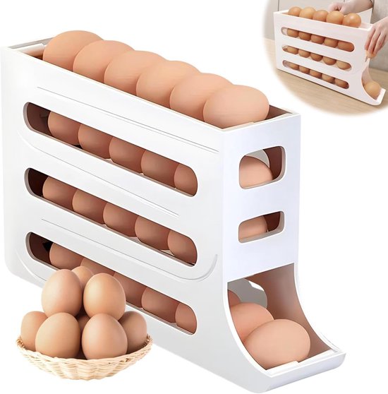 Eierrek - Eierdispenser en opbergrek - Eierrek voor koelkast - Hoge kwaliteit - Eierroller - 4-laags automatisch rollende eierhouder - Eierdoos - Opbergrek voor koelkast - Eierrek voor koelkast - Eieropslag voor koelkast - Tafel