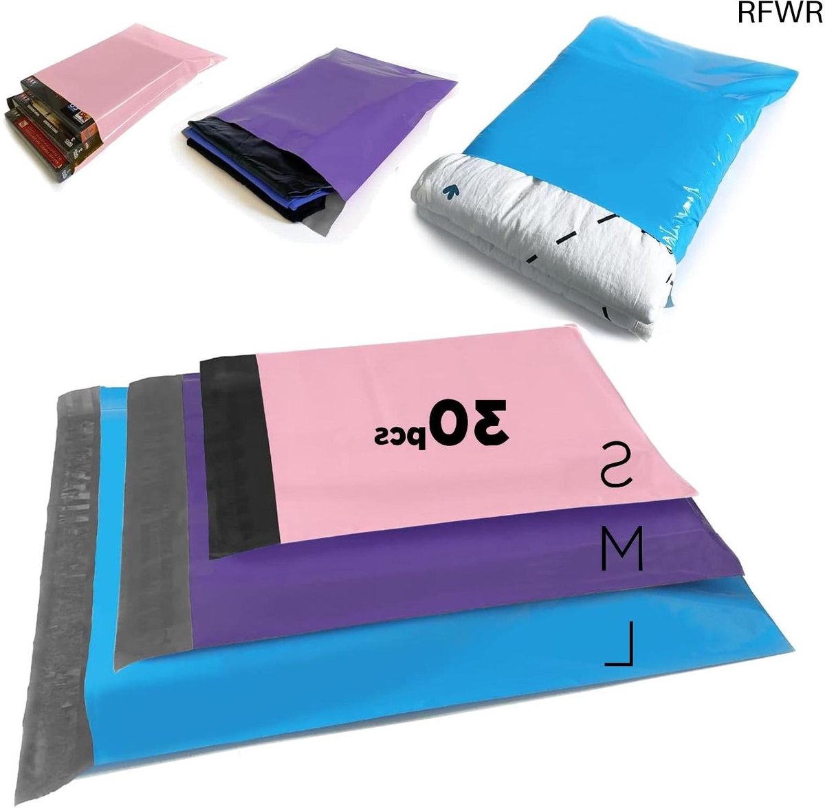 RFWR® Waterdichte en scheurvaste verzendzakken - Zelfklevend en ondoorzichtig voor kleding, schoenen en boeken - Set van 30 (3 maten)