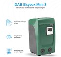 DAB Esybox Mini 3 waterdrukverhoger in donkergroen met digitaal display, voor huiswaterdruk, regenwaterhergebruik en gazonberegening.