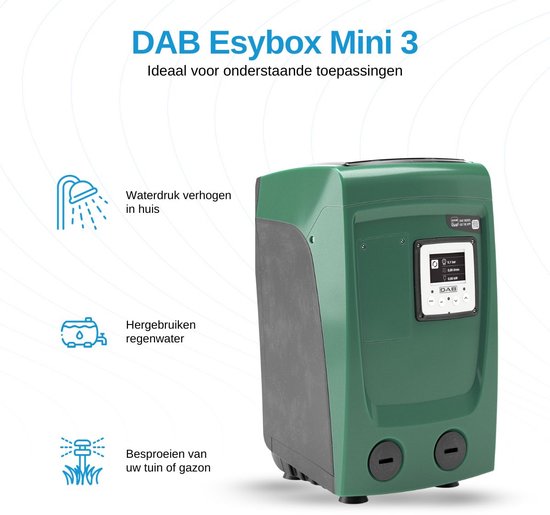 DAB Esybox Mini 3 waterdrukverhoger in donkergroen met digitaal display, voor huiswaterdruk, regenwaterhergebruik en gazonberegening.