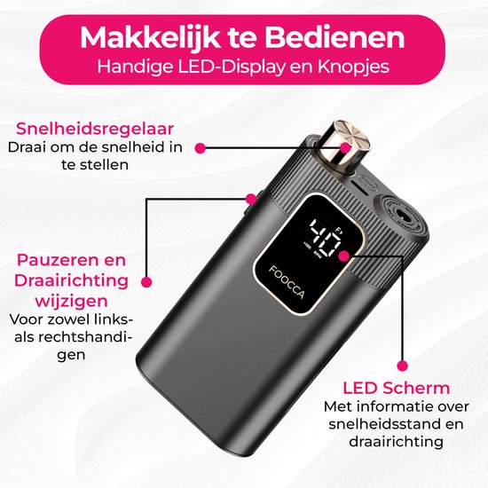FOOCCA® Elektrische Nagelvijl - Nagelfrees 40000 RPM - Oplaadbaar - FOOCCA Portable - 12 Bitjes + 65 Schuurrolletjes + 3 Accessoires - Nagelstofkap - Manicure en Pedicure Set - Broekriemclip - Eeltverwijderaar - Kalknagels