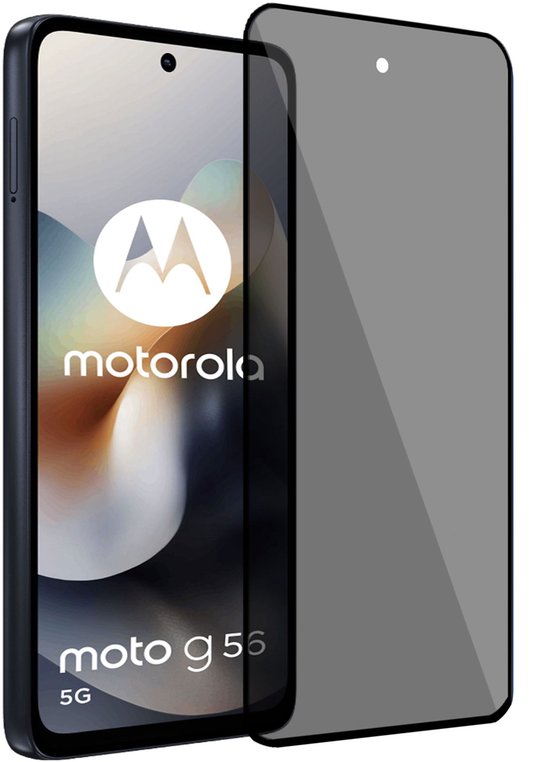 Motorola Moto G56 met privacy screenprotector, met het Motorola logo zichtbaar.