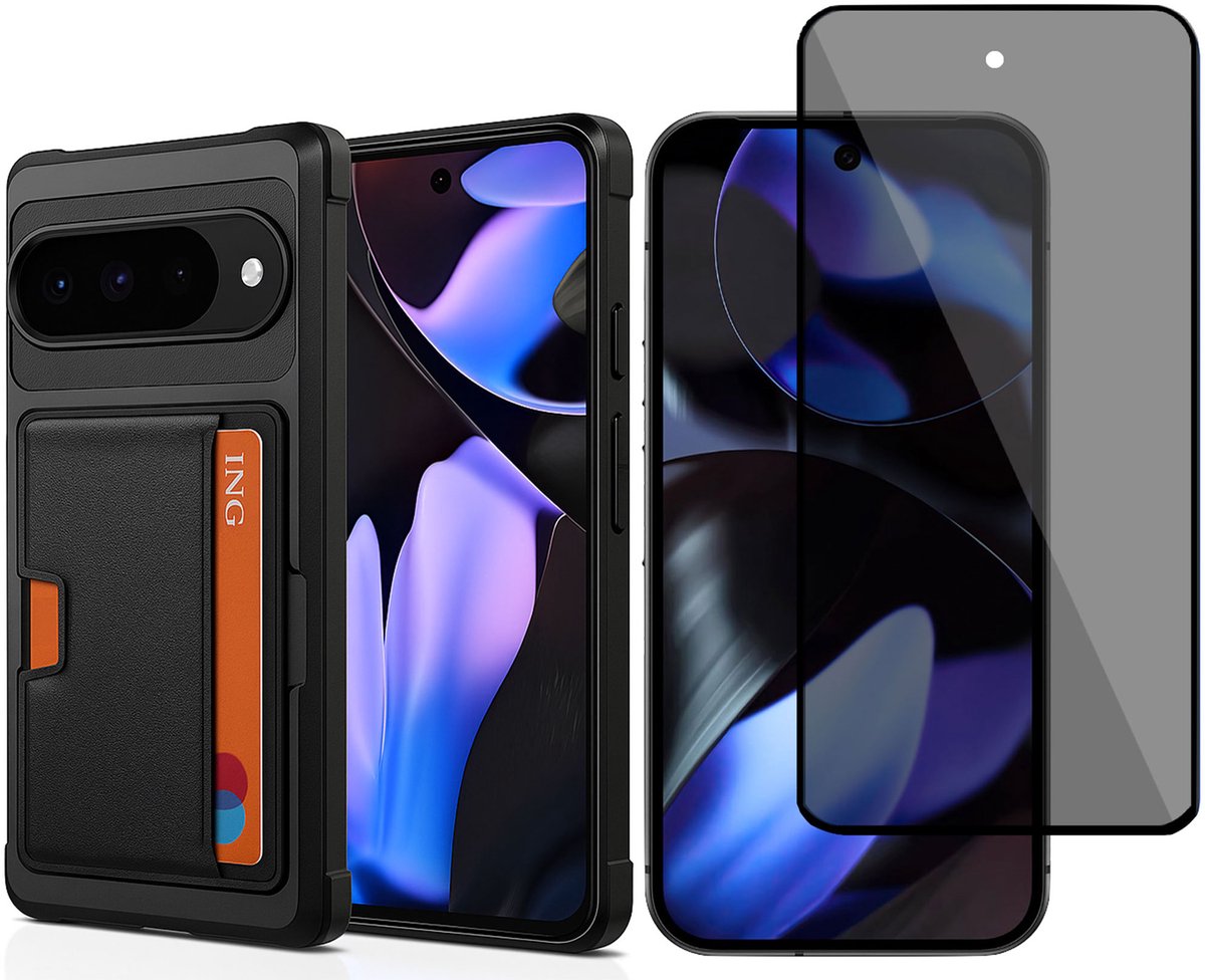 Pasjes Houder Hoesje & Privacy Screenprotector geschikt voor Google Pixel 9 Pro XL Hoesje Screenprotector - Gehard Glas Cover Privé + Heavy Duty Case - Magnetisch Portemonnee Hoesje Cover - Zwart