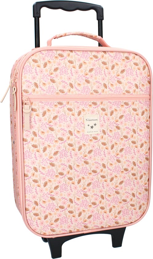 Roze koffer met bloemenprint, ritssluiting en uittrekbaar handvat.