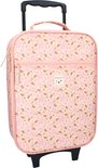 Roze koffer met bloemenprint, ritssluiting en uittrekbaar handvat.