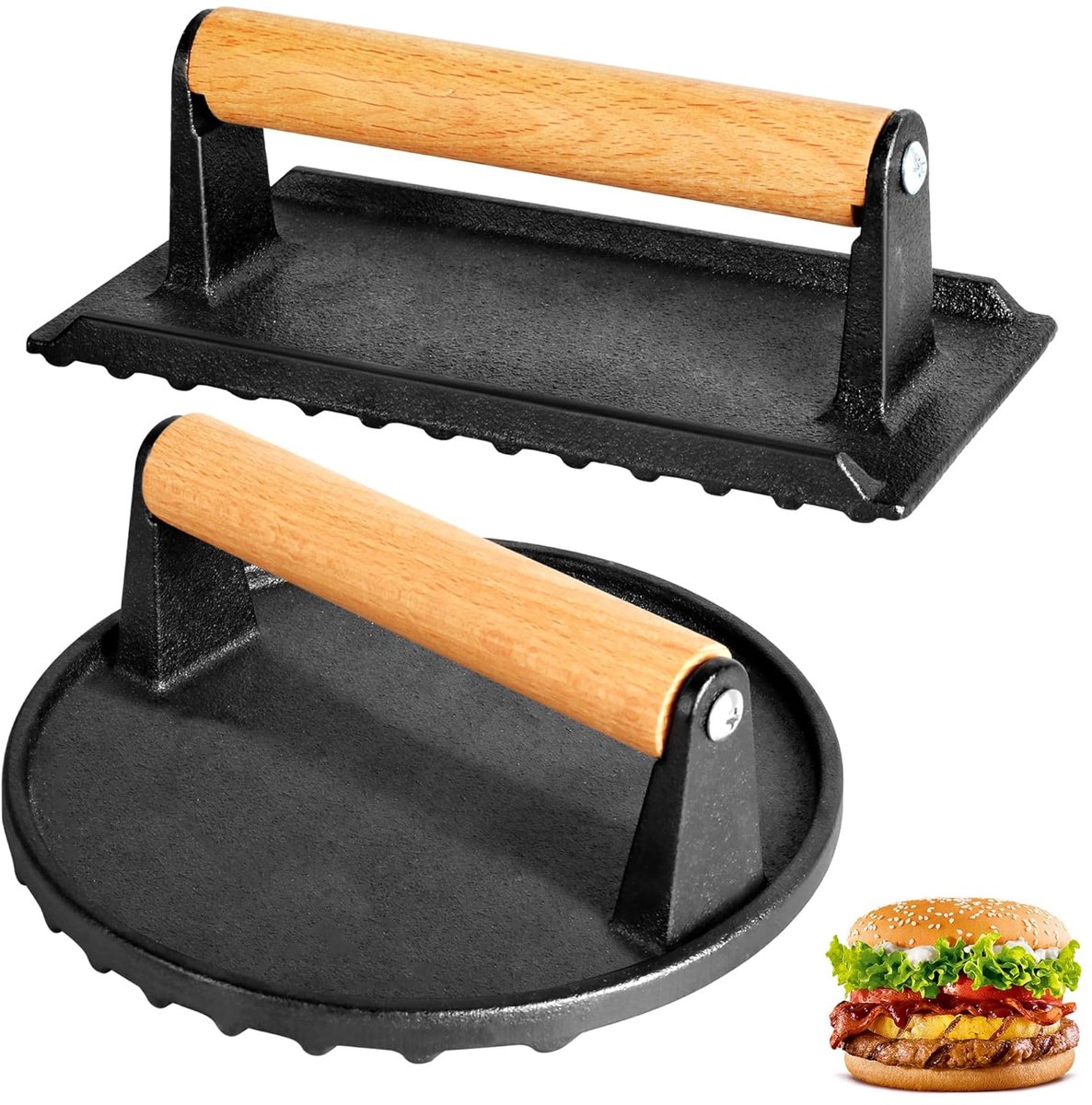 Burgerpers set - Gietijzer - voor hamburgers en steaks - 2 stuks