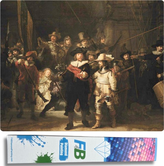 Diamant schilderij van Rembrandts De Nachtwacht, met verpakking.