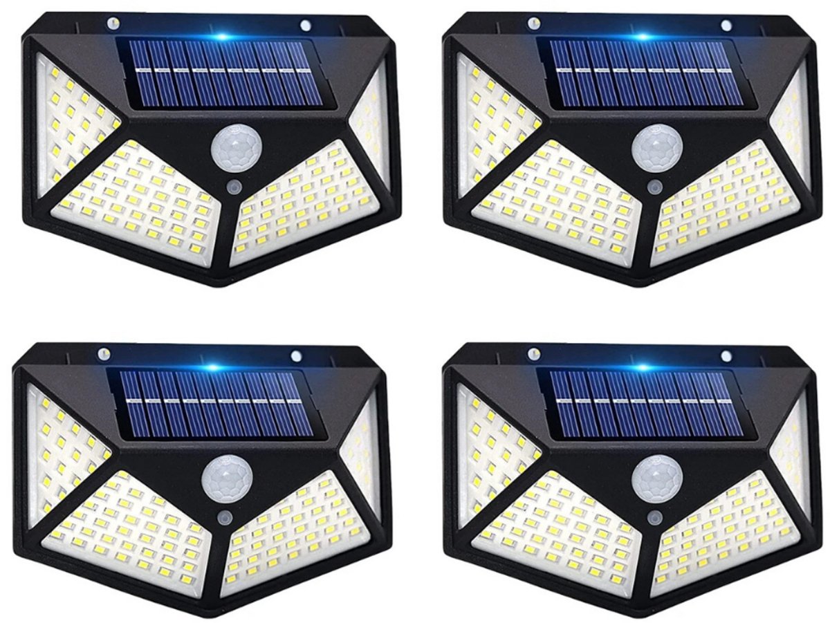 Tuinverlichting op zonne energie – Tuinverlichting Solar – 4 Stuks - Met Bewegingssensor – 100 LED – Waterdicht IP65 – Oplaadbaar op Zonne-energie – Voor Tuin, Oprit & Schuur - Frio FL-S-006