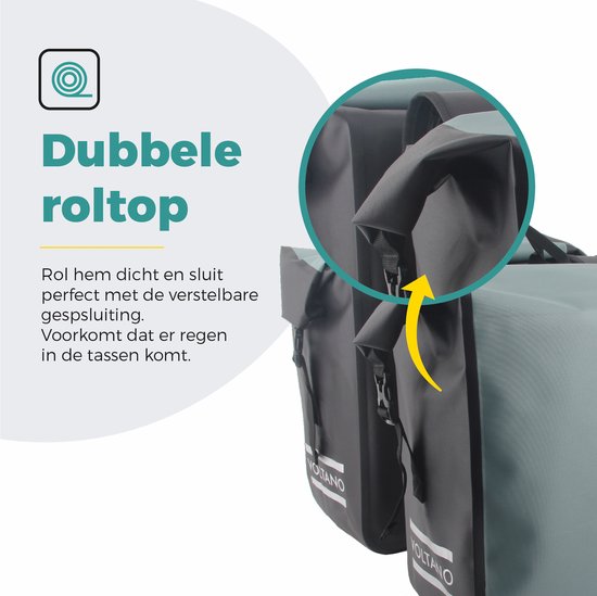 Voltano Dubbele Fietstas Rolltop Luxe E-bike - Zwart / Mintgroen - 48 Liter - 100% Waterdicht - Fietstassen Elektrische Fietsen