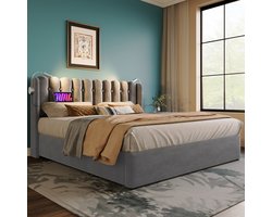 HAUSS SPOLE Gestoffeerd Bed 160x200cm - Tweepersoonsbedden met USB-Oplader en Leslamp - Met Opbergruimte - Fluweel - Grijs(Geen matras)