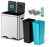 Deleca Recycle Prullenbak met 2 Vakken - 60 Liter (2x30) Afvalbak - Afvalscheiding / Statiegeld container / Pedaalemmer - Vuilnisbak met FreshAura Geurbestrijding - Slow Close - RVS Zilver