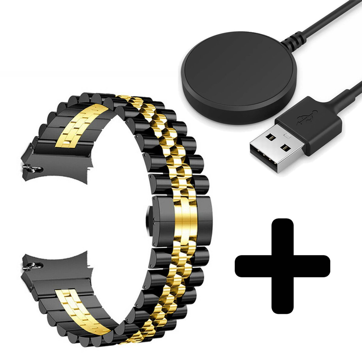 Strap-it Bandje geschikt voor Geschikt voor Samsung Galaxy Watch 5 (40mm / 44mm / Pro) bandje Jubilee stalen band (zwart/goud) - Incl. Oplader geschikt voor Geschikt voor Samsung Galaxy Watch 5 40 mm / 44 mm / Pro (oplaadkabel)