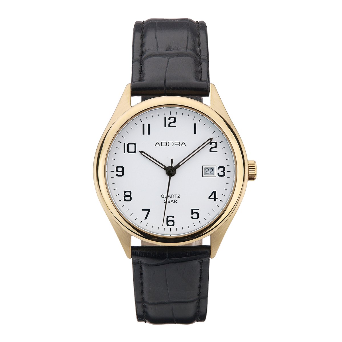 Klassiek Goudkleurig Horloge met Datum - 37 mm - Edelstalen Kast - Zwarte Leren Band - 5 BAR Waterdicht - Model AB6108