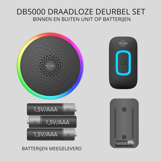 ELRO DB5000 Draadloze Deurbel Set - Multi Colour LED - 2x Ontvanger op batterij - 300M Bereik - IP44 Waterdicht - 61 Melodieën — afbeelding 4