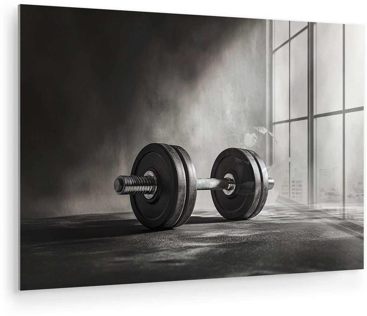 MuchoWow® Glasschilderij 90x60 cm - Schilderij acrylglas - Halter - Gewichten - Zwart - Foto op glas - Muurdecoratie woonkamer - Wanddecoratie slaapkamer - Schilderijen