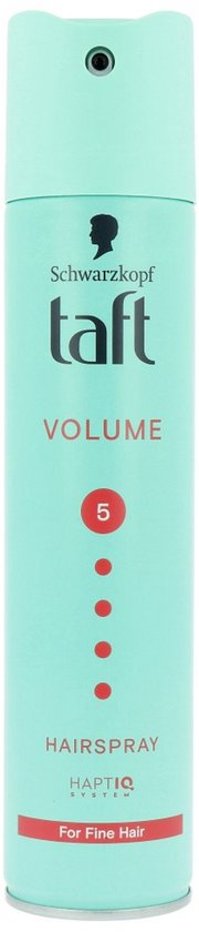 Mintgroene spuitbus Taft Volume haarspray met rode details.