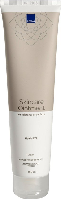 Witte tube met beige bovenkant en logo. Tekst: Skincare Ointment, No colorants or perfume, Lipids 41%, Vegan, Suitable for sensitive skin, Dermatologically tested, 150 ml.
