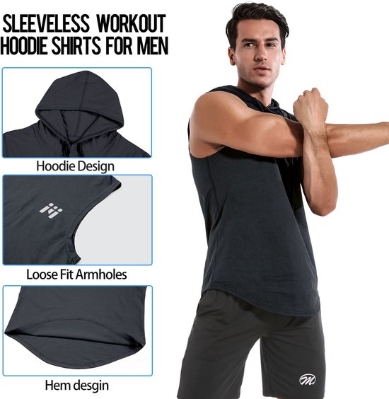 MEETEU Heren workout tanktops met capuchon (2-pack) mouwloze gym hoodies bodybuilding muscle cut-off T-shirt-Grijs/Blauw-L