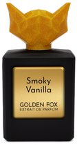Zwarte parfumfles met gouden label 'Smoky Vanilla' en een glinsterende gouden vos als dop.