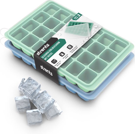 Strents® Siliconen IJsblokjesvorm met Deksel (2 Stuks) - 56 ijsblokjes - Vierkant - BPA Vrij - 100% Silicone - Groen & Blauw